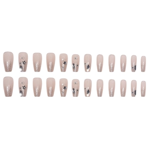 Nude pink glitter gradient coffin press-on nails with silver stars and rhinestones set