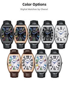 Selezione di orologi al quarzo tonneau con cinturini in pelle e quadranti colorati