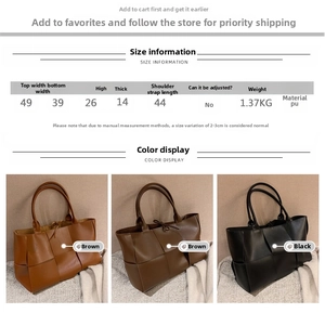 Detailed size chart for the woven tote bag showing width, height, and shoulder strap dimensions