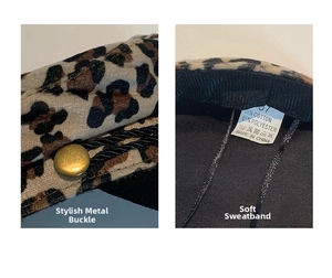 Detail of leopard print velvet fabric with metal button and inner sweatband for Y2K hat