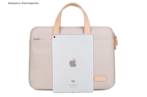 Detailed view of grey fabric laptop sleeve with handle, exterior pocket and iPad size scale