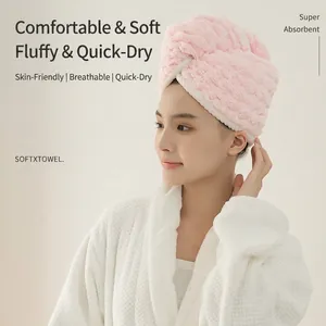 Pink coral fleece hair drying towel with super absorbent cloud grid texture for women