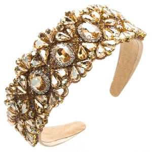 Luxury Baroque wide headband with amber crystals and gold rhinestones on white background