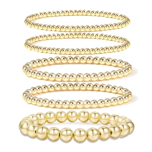 Set of five 14k gold plated hematite beaded stretch bracelets in 4mm, 6mm, and 8mm sizes