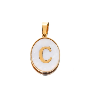 Macro view of 22mm gold stainless steel oval pendant featuring mother of pearl letter C