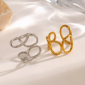 Minimalist geometric oval rings in gold and silver finish with hollow abstract design