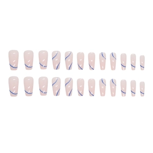 Lignes bleues sur faux ongles ballerine nude lot de 24 capsules brillantes à presser