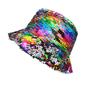 Rainbow sequin bucket hat for women with a colorful shimmering finish and sun protection