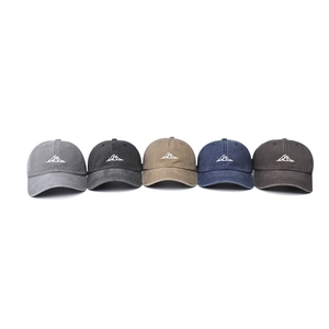 Five assorted washed cotton baseball caps with embroidered mountain peaks in a flat row