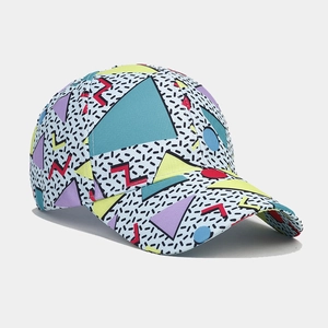 Detail of colorful geometric graffiti print on a six-panel cotton baseball cap