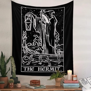 Bohemian black and white The Hermit tarot tapestry for mystical wall decor in bedrooms
