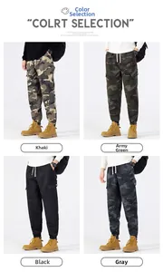 Collage of cargo joggers in khaki camo, army green, black and grey with side pockets