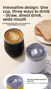 Close-up of 12oz stainless steel egg tumbler showing 3-way drinking lid and matte finish