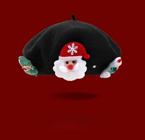 Detail of wool beret featuring 3D Santa, Christmas tree and candy cane decorations