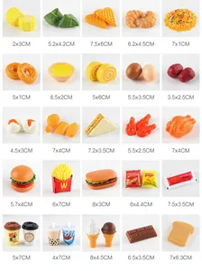 Size chart showing dimensions for 25 types of play food kitchen toys and models