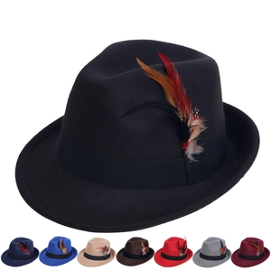 Cappello fedora classico in lana con decorazione in piuma e vari colori