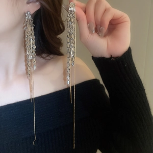 Gros plan de boucles d'oreilles argentées à pampilles portées par un modèle