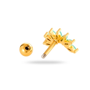 Clou d'oreille en acier doré avec pierres marquises turquoise et fermoir à vis à bille