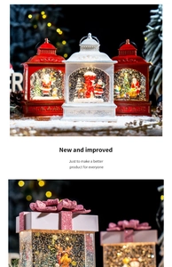 Macro shot of red Christmas lantern with swirling snow effect and Santa Claus figurine