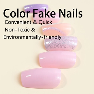 Translucent purple press-on nails in short square shape with glossy glitter finish