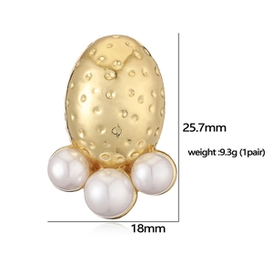 French vintage gold C-shape flower petal earrings with three white pearls 25.7mm size
