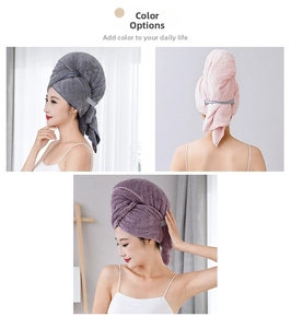 Three-color coral fleece hair towels in gray, pink, and purple with waffle texture