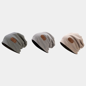 Retro striped knitted slouchy beanie for men and women in black grey and brown colors