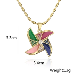Detail view of rotating flower pendant with colorful enamel and zircon inlay measurements