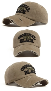 Three-angle view of vintage washed khaki baseball cap with 3D letter embroidery