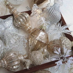 Champagne gold glitter Christmas ornaments set with star snowflake and pinecone shapes