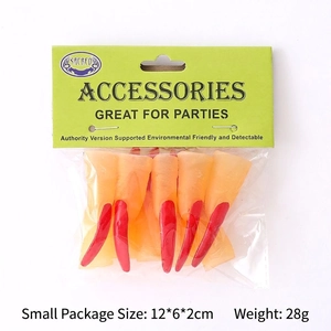 Close-up of realistic Halloween witch fingers with long red nails in retail packaging