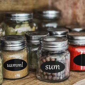 Waterproof PVC blackboard stickers on glass spice jars with silver metal lids