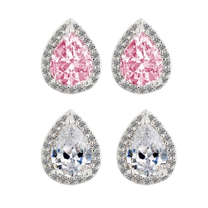 Elegant pear shaped halo stud earrings with pink and clear zircon in silver setting