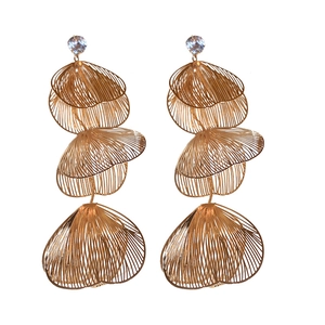 Three-tier hollow golden flower tassel earrings with sparkling crystals in a bold style