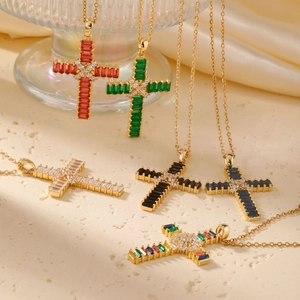 Cross pendant necklaces in gold plating with colorful zircon stones in various color options
