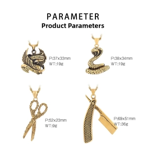 Detail showing vintage gold snake, eagle, scissors, and razor pendants with dimensions