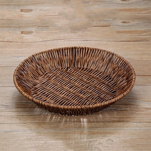 Macro view of round dark brown woven basket showing intricate faux rattan texture