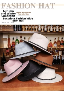 Detail of multi-color wool felt fedora hats with jeweled bands and wide brims