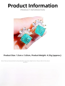 Detail specifications of square green zircon earrings with size and material info