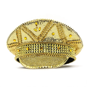 Golden captain hat for bride with sequins, studs and amber gemstones for wedding parties
