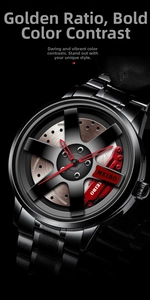 Macro shot of car wheel rim watch dial with red brake calipers and black steel finish
