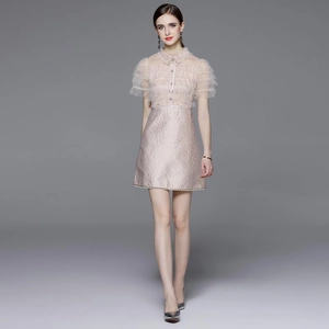Elegant light pink sequin mesh dress with jacquard skirt and ruffled lace sleeves