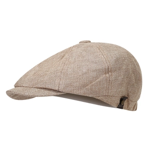 Breathable linen-texture newsboy cap in beige with vintage leather tag and rivet detail