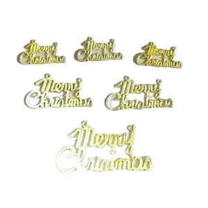 Set of six golden Merry Christmas letter signs for holiday tree and gift decorations