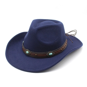 Dark blue felt cowboy hat with turquoise leather band and vintage rolled brim