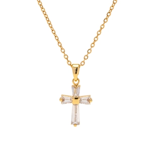 18K gold plated stainless steel cross necklace with baguette cut white zircon pendant