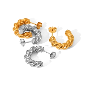 Twisted rope design C-shape earrings in polished gold and silver stainless steel