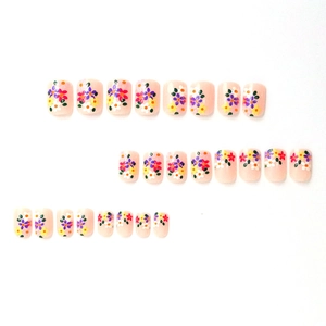 24-piece short square fake nails with colorful hand-painted floral patterns and pink base