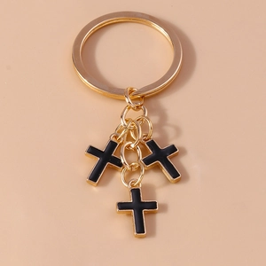 Punk vintage gold alloy keychain featuring three black enamel cross pendants on large ring