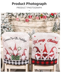 Detail of Christmas gnome chair covers made of durable burlap with festive patterns